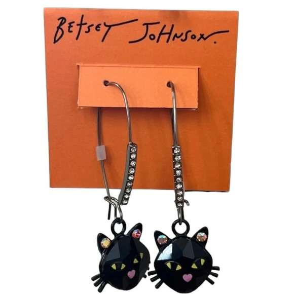 BETSEY JOHNSON Halloween Angular Cut Black Cat with Crystals Dangle Earrings NWT - Picture 2 of 8